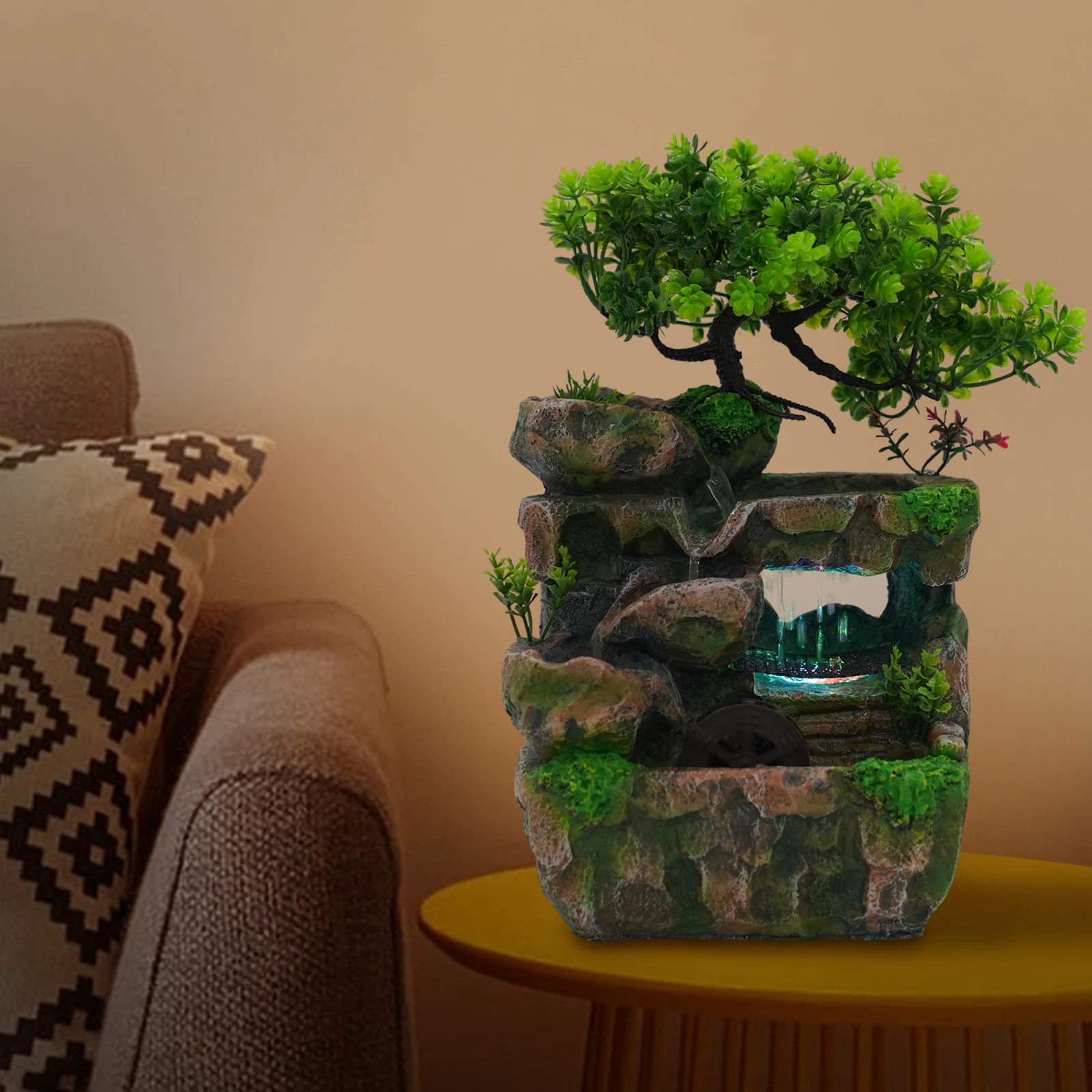 

Mini Rockery Fountain Waterfall Feng Shui Desktop Water Sound Indoor Desk Decor For Tv Cabinet, Bedroom, Study, Office, Light