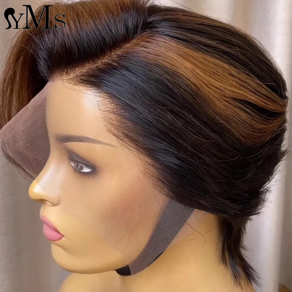 Summer Short Highlight Brazilian Pixie Bob Wig Human Hair PrePlucked YMS Virgin Straight 13x4  13x6 Lace Frontal Wig For Women