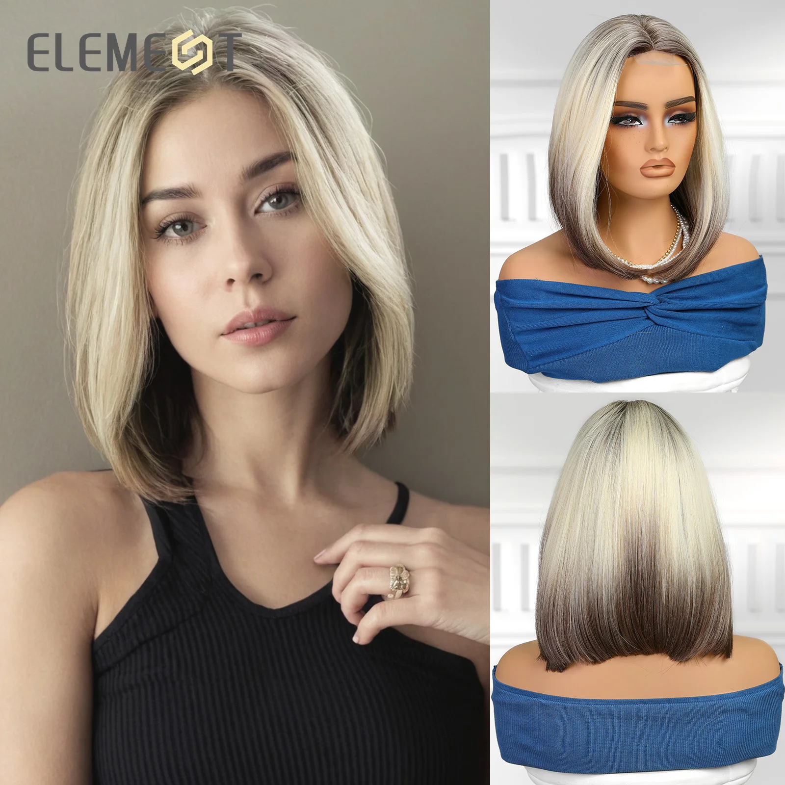 

ELEMENT 1*4 Lace Syntheic Wigs Short Bob Ombre Top Dark Black to Mixed Brown Wig Hair for Girls Daily Party Heat Resistant Daily