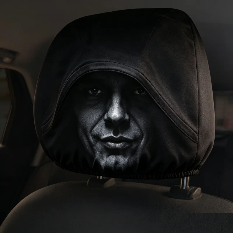 2PCS Black Hooded Man Face Car Headrest Covers 2D Flat Cool Street Auto Headrest Protectors Universal Fit