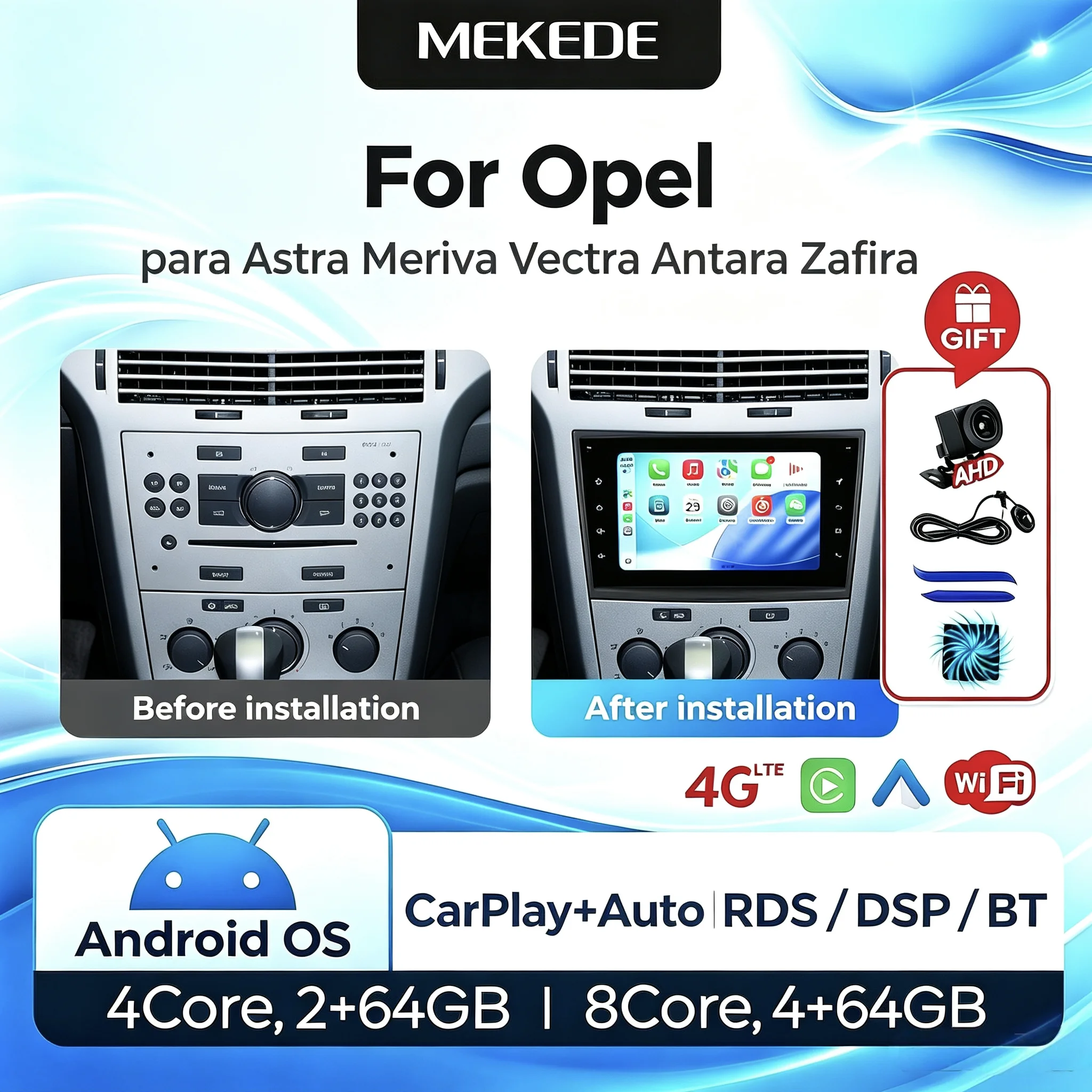 MEKEDE EU-Lager 7 Zoll 2+64G Android Autoradio für Opel Astra H J 2004 Vectra Vauxhall Antara Zafira Corsa C D Vivaro Meriva Veda Kabelloses CarPlay Android Auto GPS-Navigation IPS-Touchscreen BT RDS