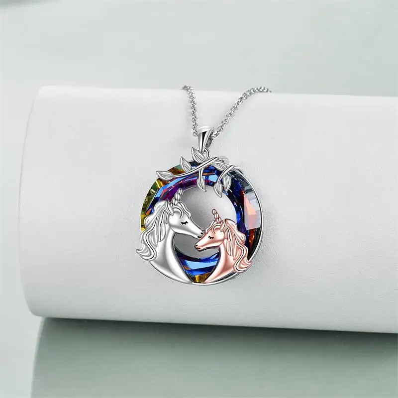 من المألوف لطيف الميمون يونيكورن قلادة جميلة فرس والطفل الحصان يخطو على الملونة محظوظ دائرة قلادة هدية