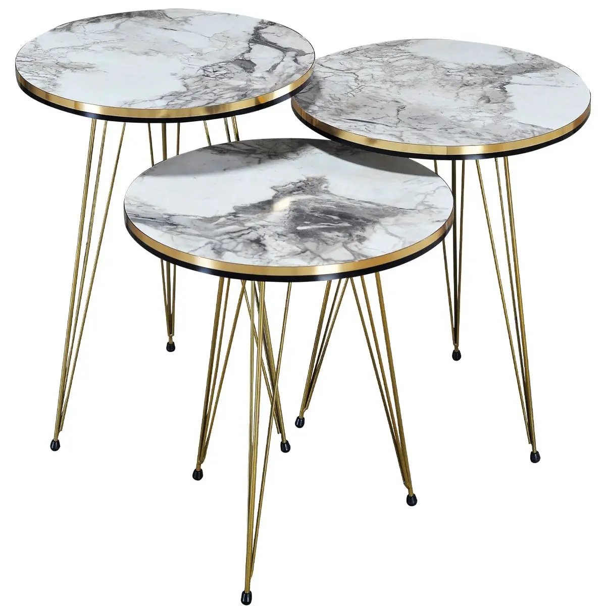 3 Pcs Decorative Luxury Nesting Table for Living Room Gold White Marble Metal Leg Round Nordic Style Coffee Table Furniture Set