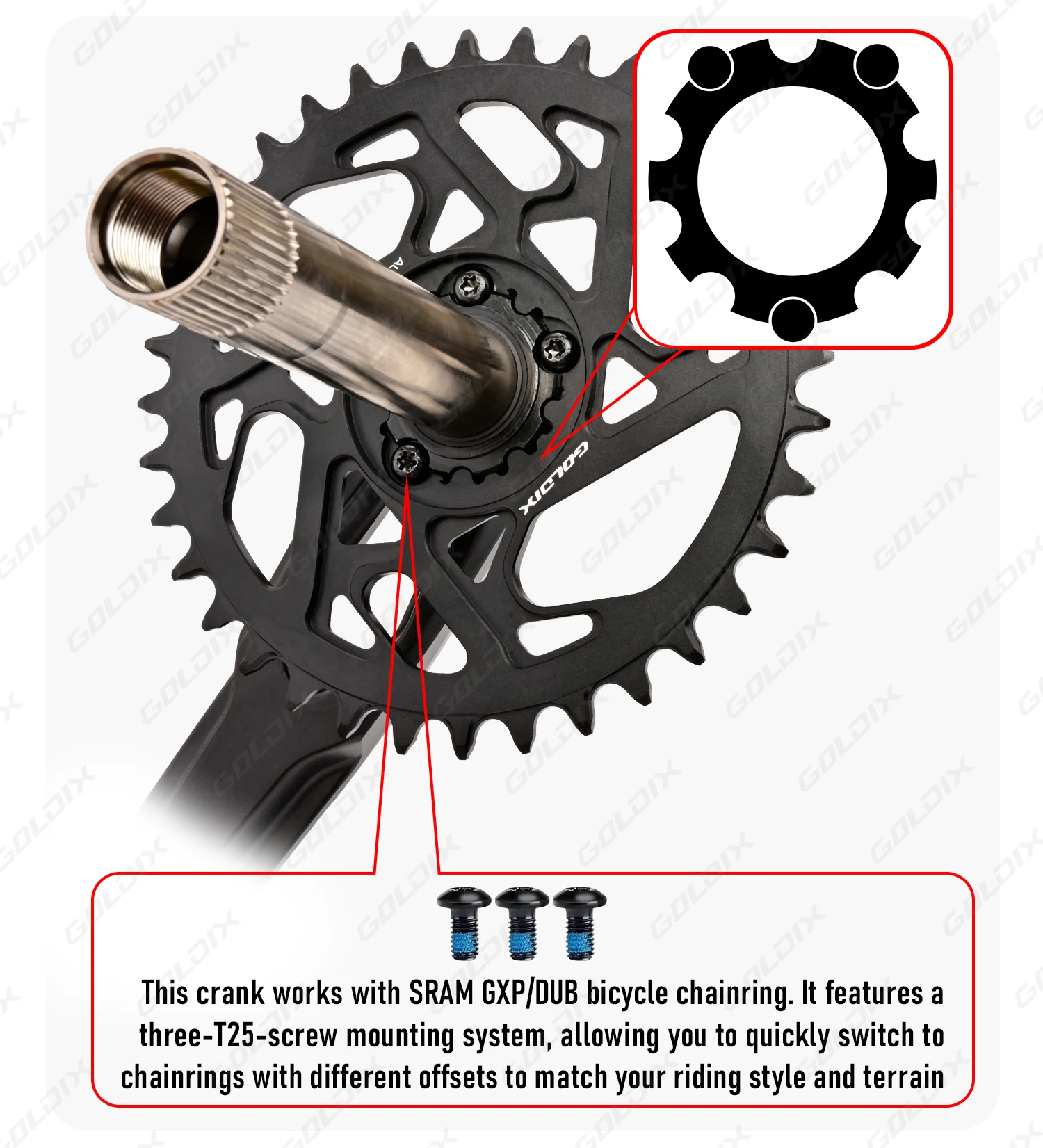 GOLDIX MTB-Kurbelgarnitur, 170/175 mm SL, 3 Bolzen, Direktmontage-Kurbel, 0 mm versetzt, 34 Zähne, 36 Zähne, 38 Zähne, 40 Zähne, Kettenblatt für XC AM – Detail 7