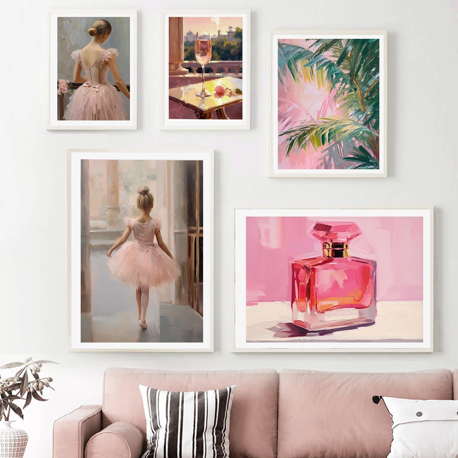 Night Sky Perfume Ballet Shoes Ballerina Girl Champagne Glass Fashion Wall Art Canvas Painting Nordic Poster Dining Room Decor