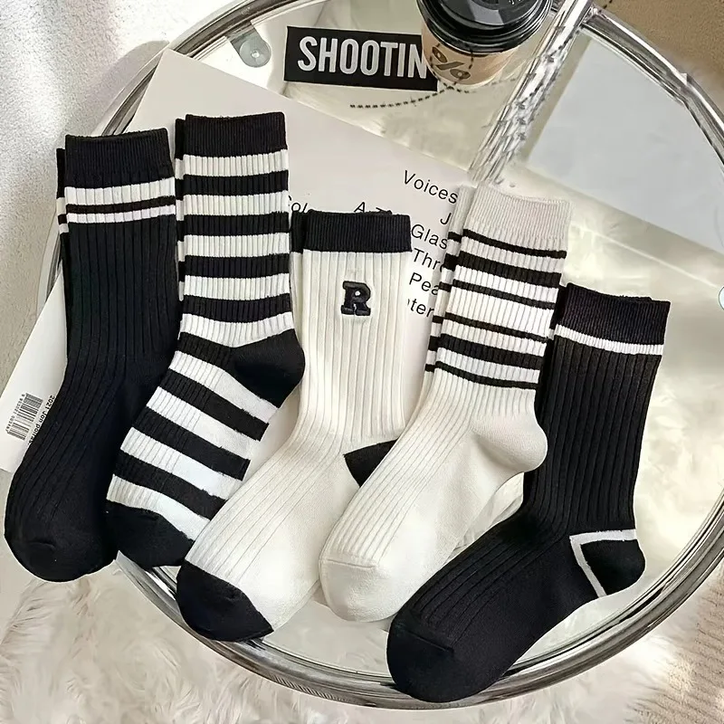 5 Pairs of Black and White Striped Socks, Skin Friendly Cotton for Comfort, Suitable for Fitness and Sports