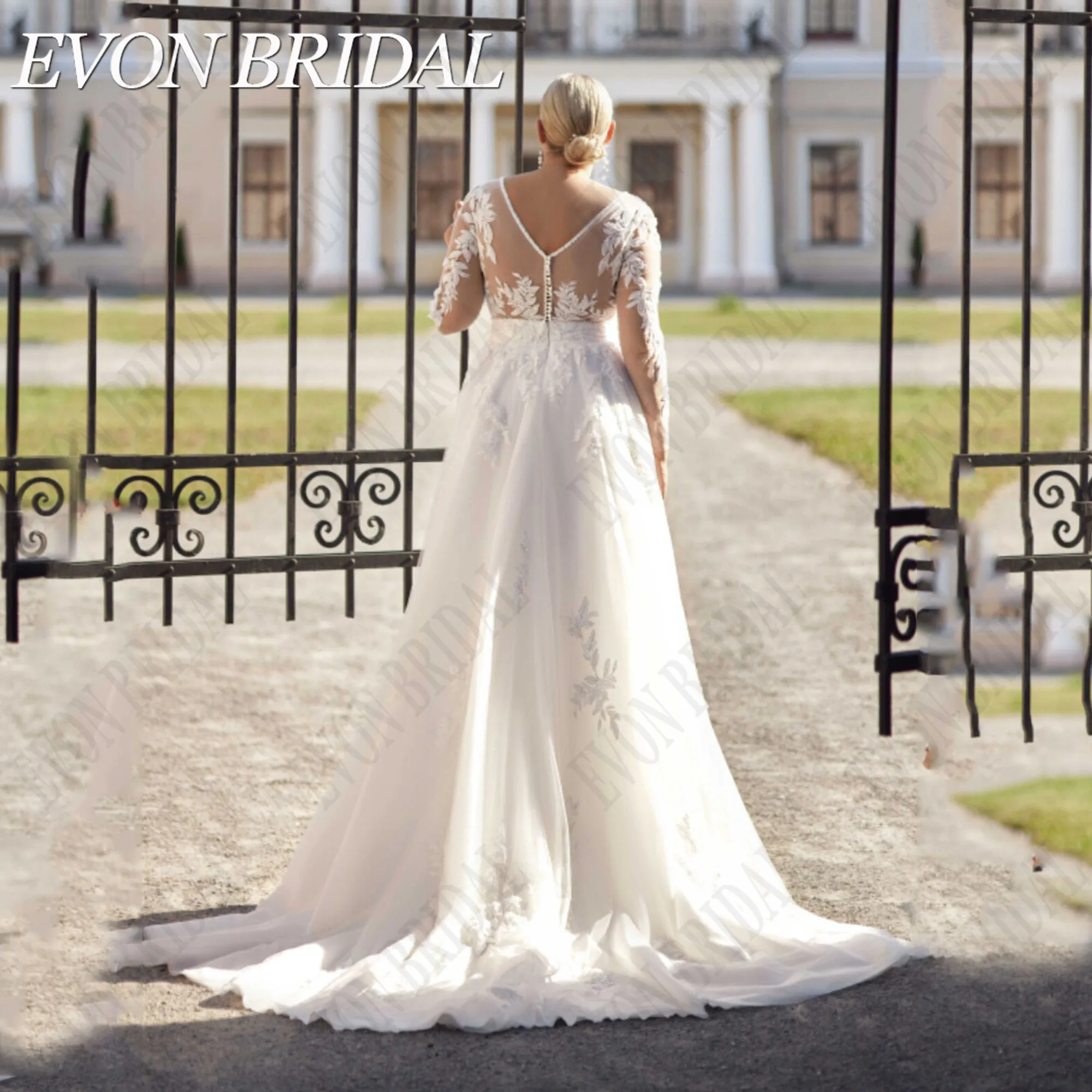 Evon Braut V-Ausschnitt plus Größe Brautkleid lange Ärmel Applikation Tüll A-Linie Sweep Zug elegante maßge schneiderte Vestidos de NoviaEVON BRIDAL