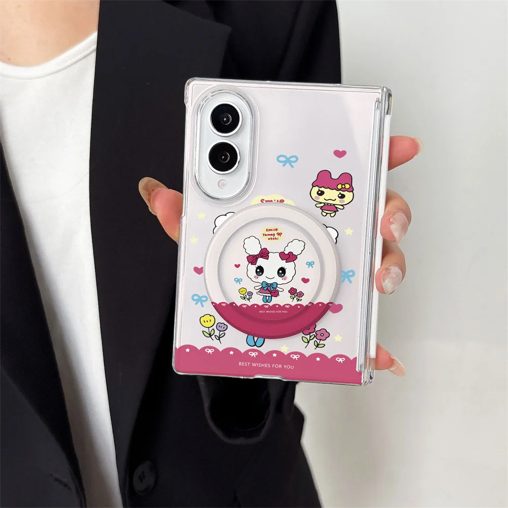 Cute Tamagotchi Bow White Doll Cartoon Magnetic Magsafe Phone Case For Samsung Galaxy Z Fold8 Ultra Z Flip8 Hinge Full Protectio
