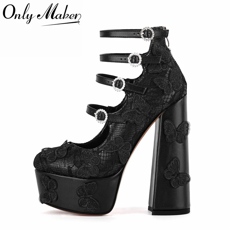 

Onlymaker/женские туфли-лодочки на платформе с кружевом и бабочкой, с несколькими пряжками и ремешком, пикантные вечерние модельные туфли с молнией сзади и ремешком на щиколотке