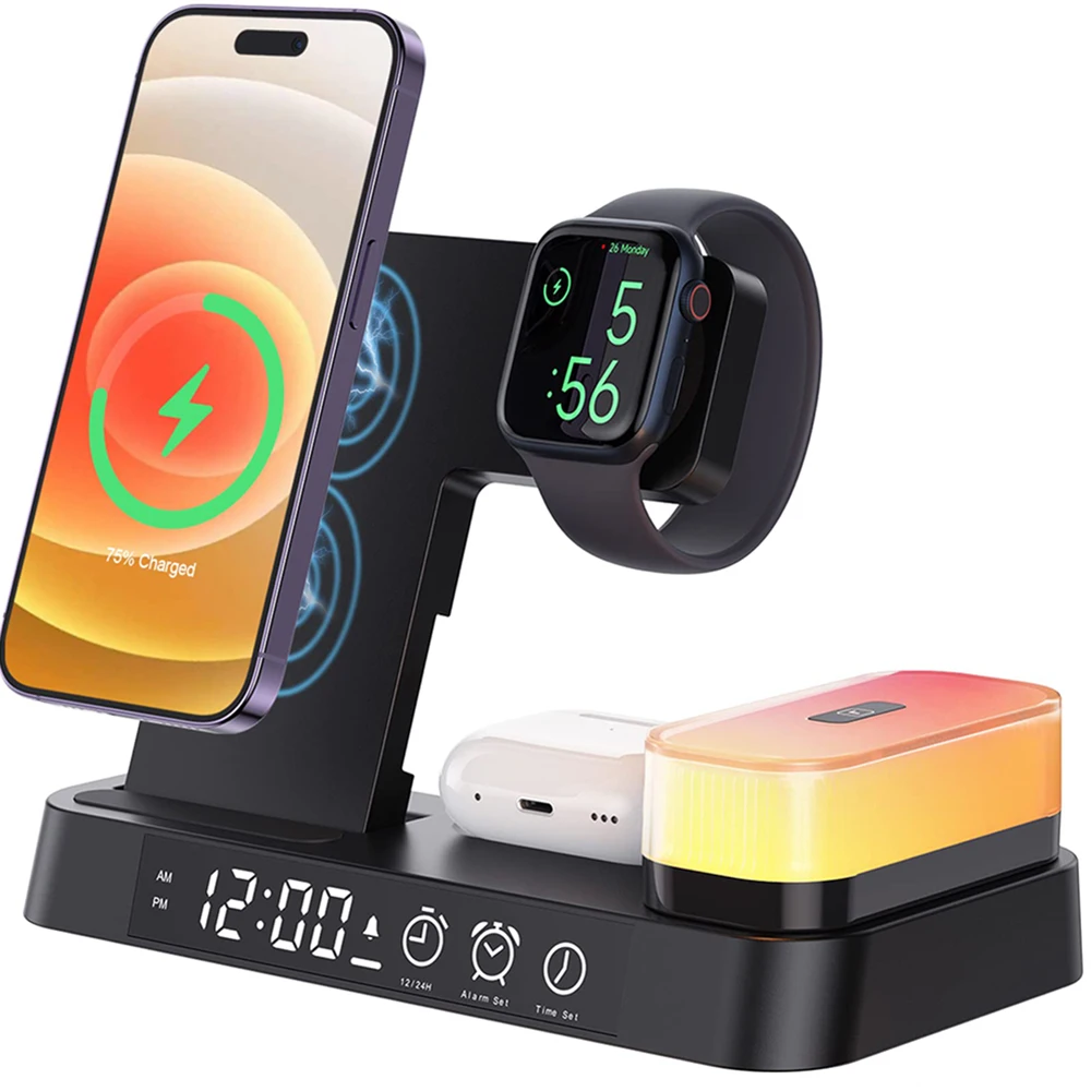 5 in 1 Foldable Magnetic Wireless Charger Charging Station Alarm Clock & Night Light for iWacth AirPods iPhone 14/13/12/11/Pro