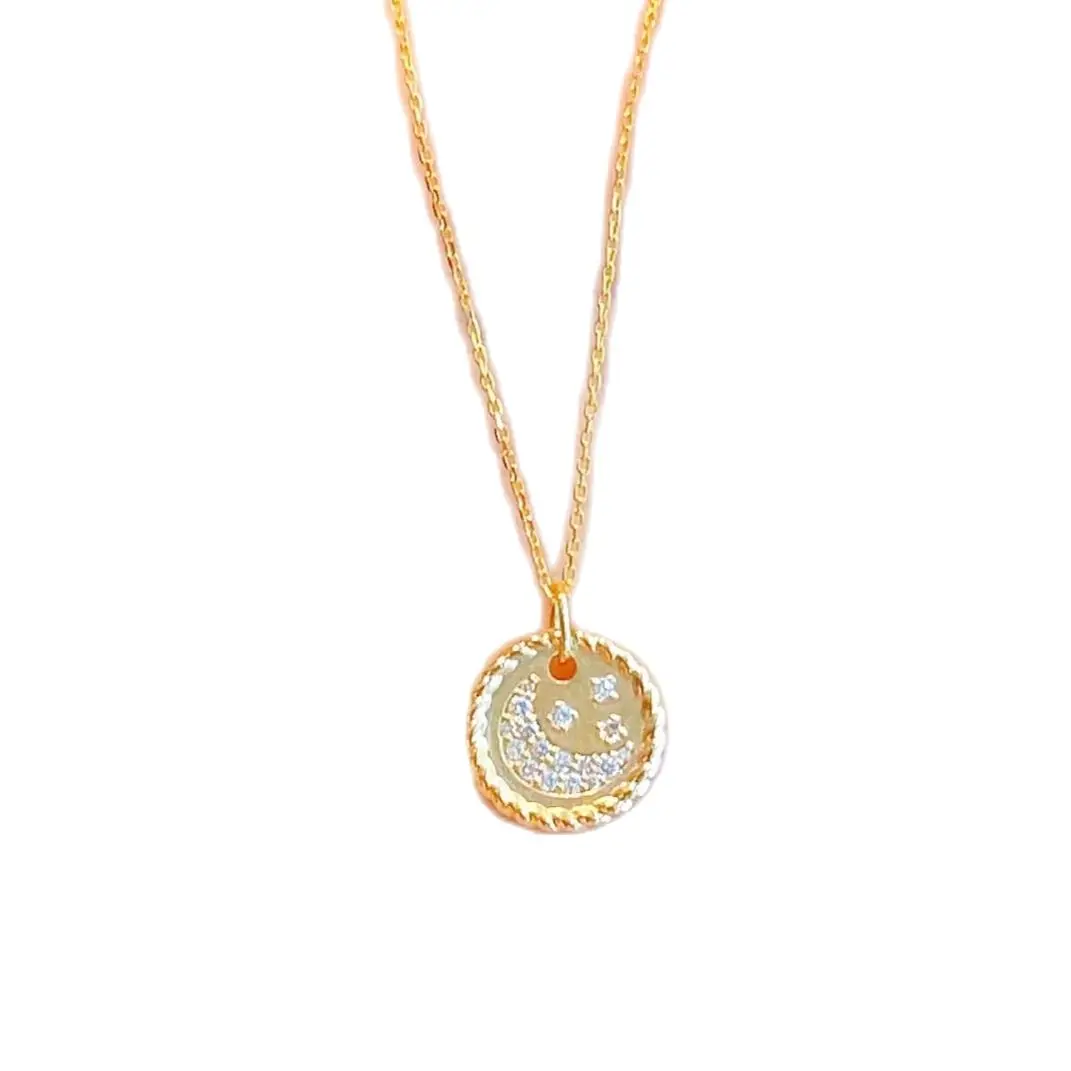 MADALENA SARARA 18K Yellow Gold Women Necklace Moon Star Character Charm Tiny Diamond Au750 Stamp