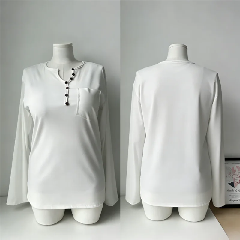 

Женская футболка больших размеров с длинными рукавами, свободный топ с карманом и пуговицами, повседневная весенне-осенняя блузка, однотонная футболка