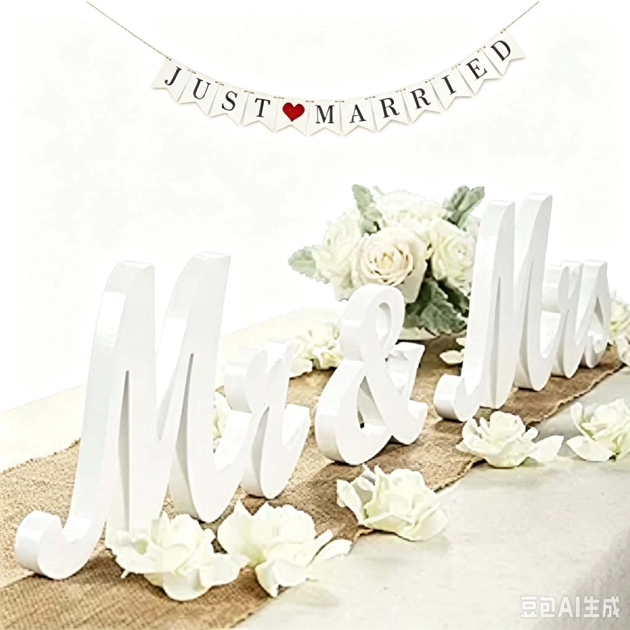 Mr & Mrs Wooden Table Sign with Just Married Banner Wedding Decorations for Sweetheart Table Bridal Shower Engagement Party Photo Props