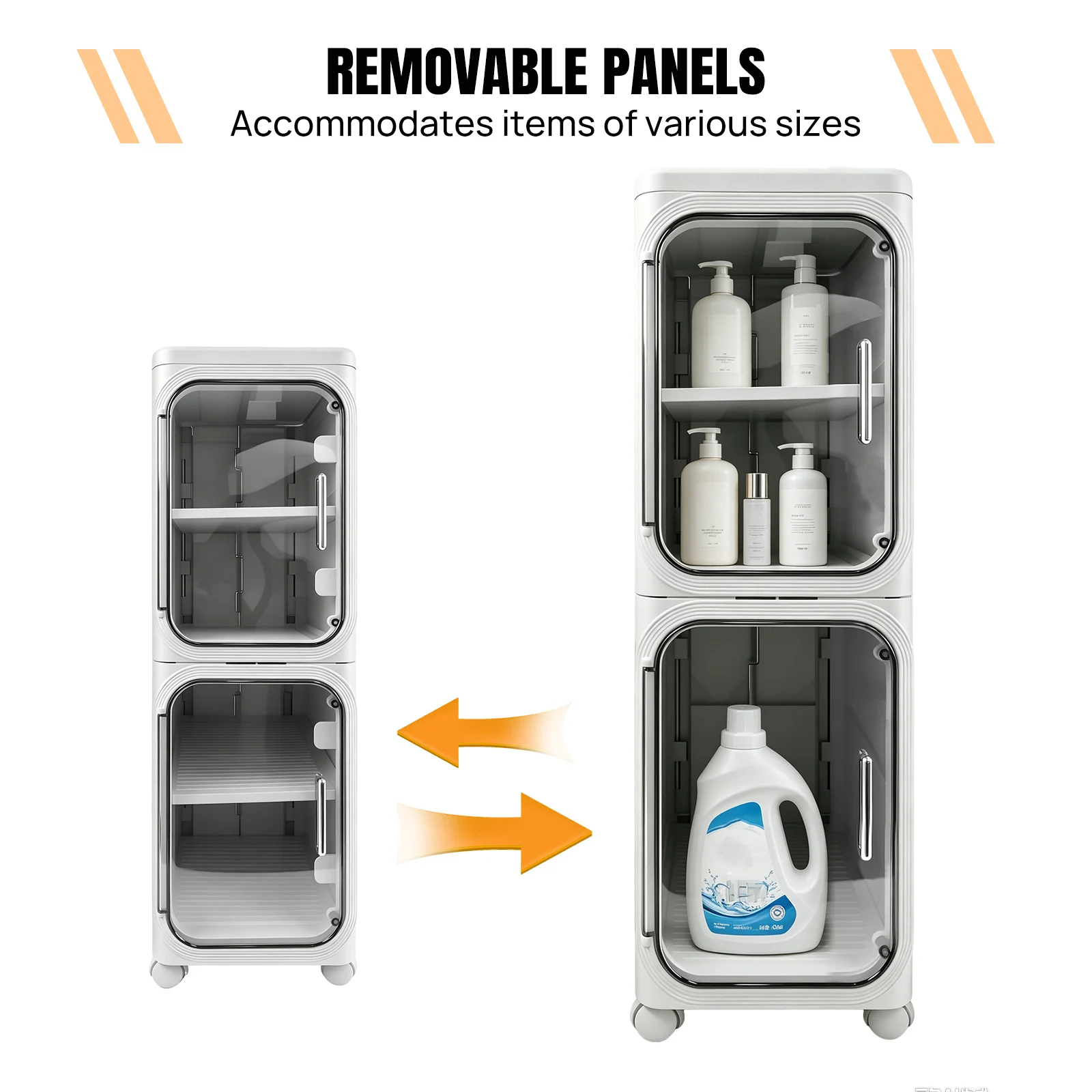 Mobiletto pieghevole con ruote, organizer in plastica per spazi stretti, con ante trasparenti, ripiano rimovibile, mobiletto salvaspazio impilabile per il bagno, da posizionare accanto al water,