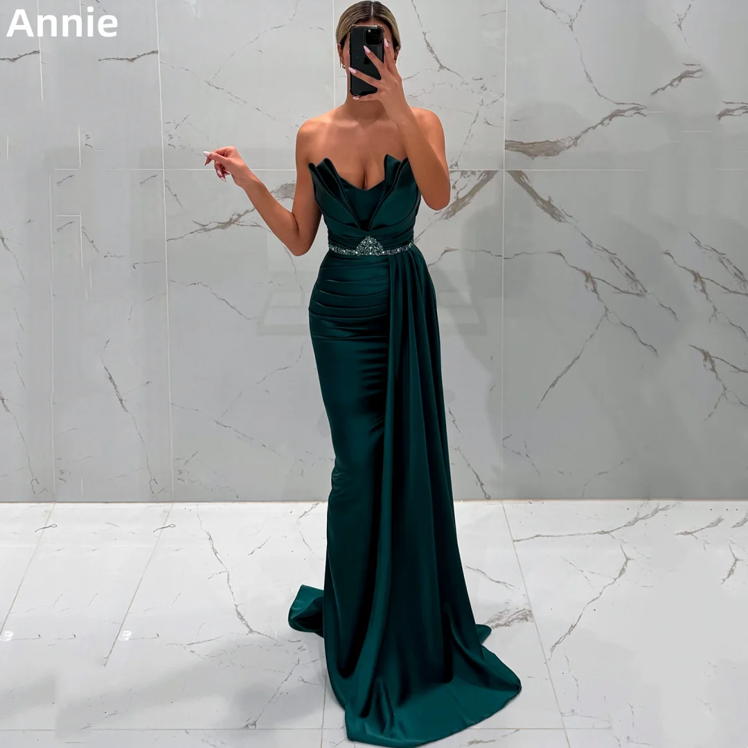 

Annie Satin Curled Edge Prom Dresses Glitter Beads Green Evening Dresses Elegant Ladies Green Party Dresses فساتين سهرة