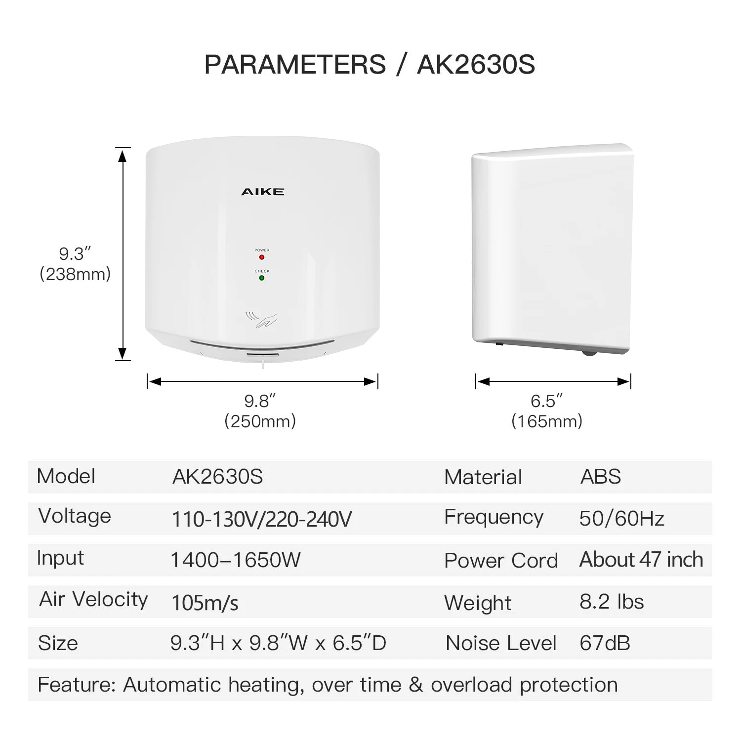 AIKE Händetrockner mit automatischem Sensor, 1400 W, Hochgeschwindigkeits-Luft-Händetrockner, Badezimmer, Toilette, Waschraum, Händetrockner, 10 S, schnell trocknend