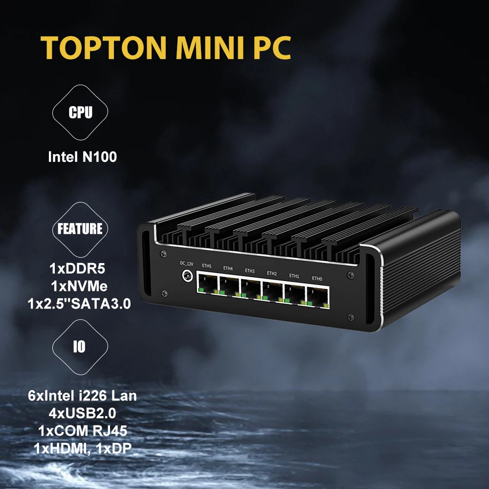 2024 Firewall Mini PC Quad Core N100, DDR5 8GB RAM 128GB NVMe SSD, 6 x 2.5GbE i226V LAN Fanless Ethernet Computer, Micro Router