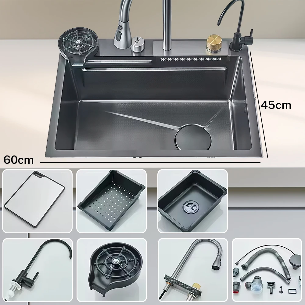 Waterval aanrecht van roestvrij staal 304, grote enkele sleuf, geïntegreerde digitale display, kraanset, zeepdispenser, bekerwasmachine