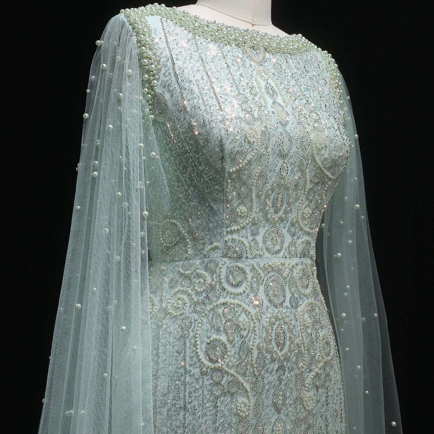 Sharon Said Luxuriöses Champagner-Abendkleid mit Cape-Ärmeln, Pailletten und Perlen, für formelle Anlässe und Partys, SS668, maßgeschneidert – Detail 21