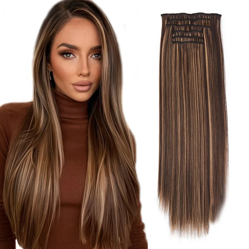 6 PCS 140g Clip In Hair Extensions Synthetic Fiber Clip In Hair Extensions 24 Inch Long Straight Synthetic Clip Hair Extensions