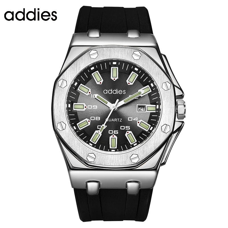 Men Octagon Quartz Watch 30M Waterproof Luminous Dial Silicone Strap Sports Wristwatch Male Calendar Business Watch