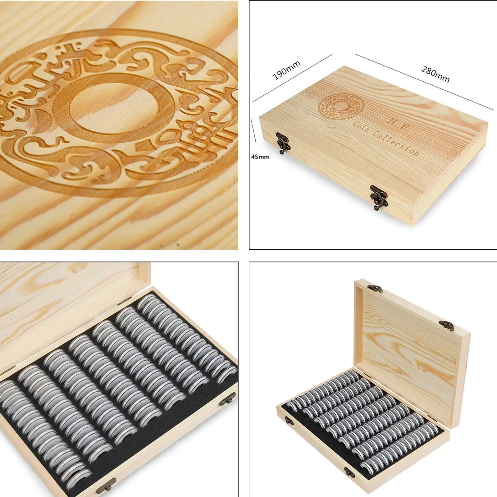 100pcs Coin Capsules Commemorative Coin Adjustable with Foam Gasket Container Case Box Wooden Storage Case