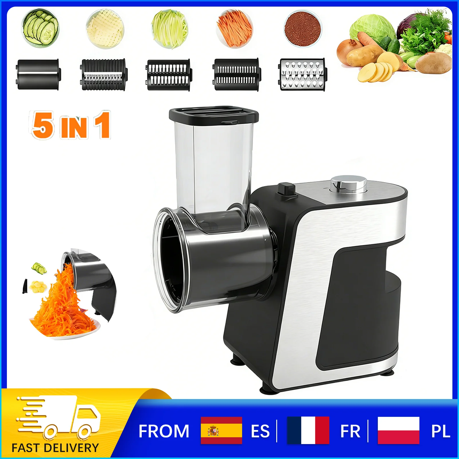 Hachoir Électrique de Cuisine 5-en-1 500W – Trancheuse, Râpe et Hachoir en Acier Inoxydable pour Fromage, Carottes, Pommes de Terre, 220V