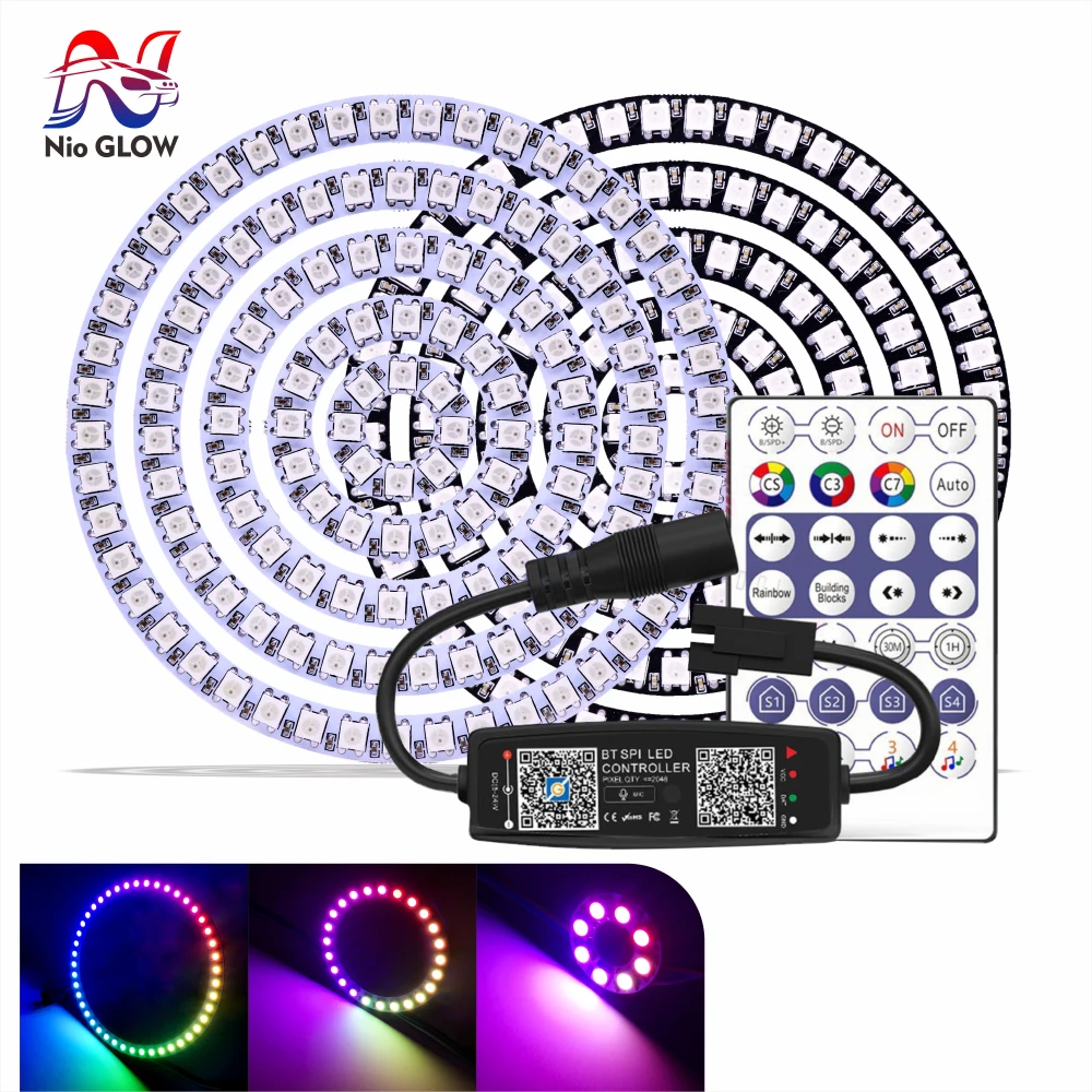 

WS2812B Led Ring 5050 USB Controller Kit BuiIt-in Individually Addressable 8/16/24/35/45 Pixels RGB With 28Keys Bluetooth Music
