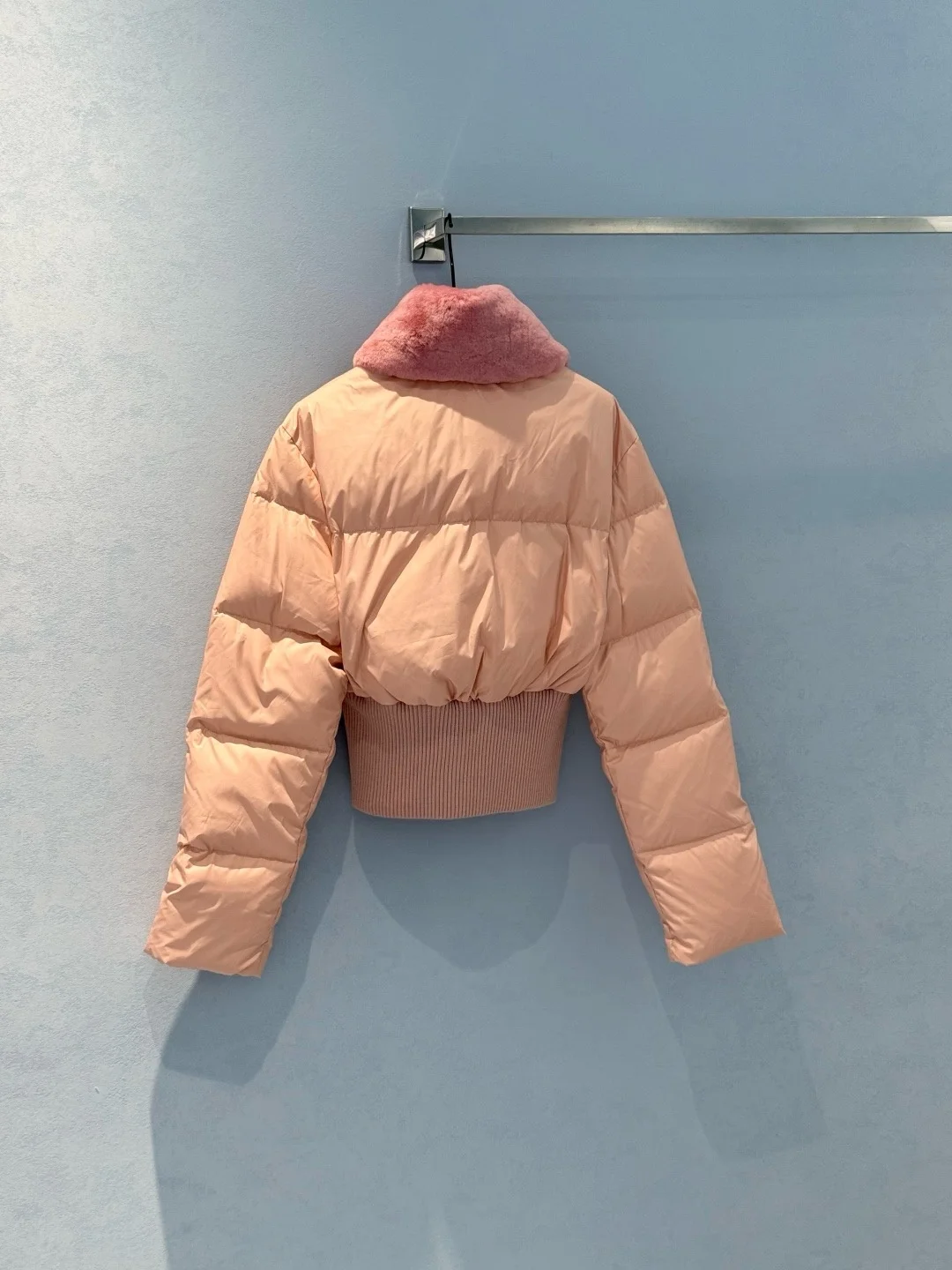 pink ski jacket, real wool collar, women's waist padded coat, high waist design, luxury winter coat,quilted down coat,