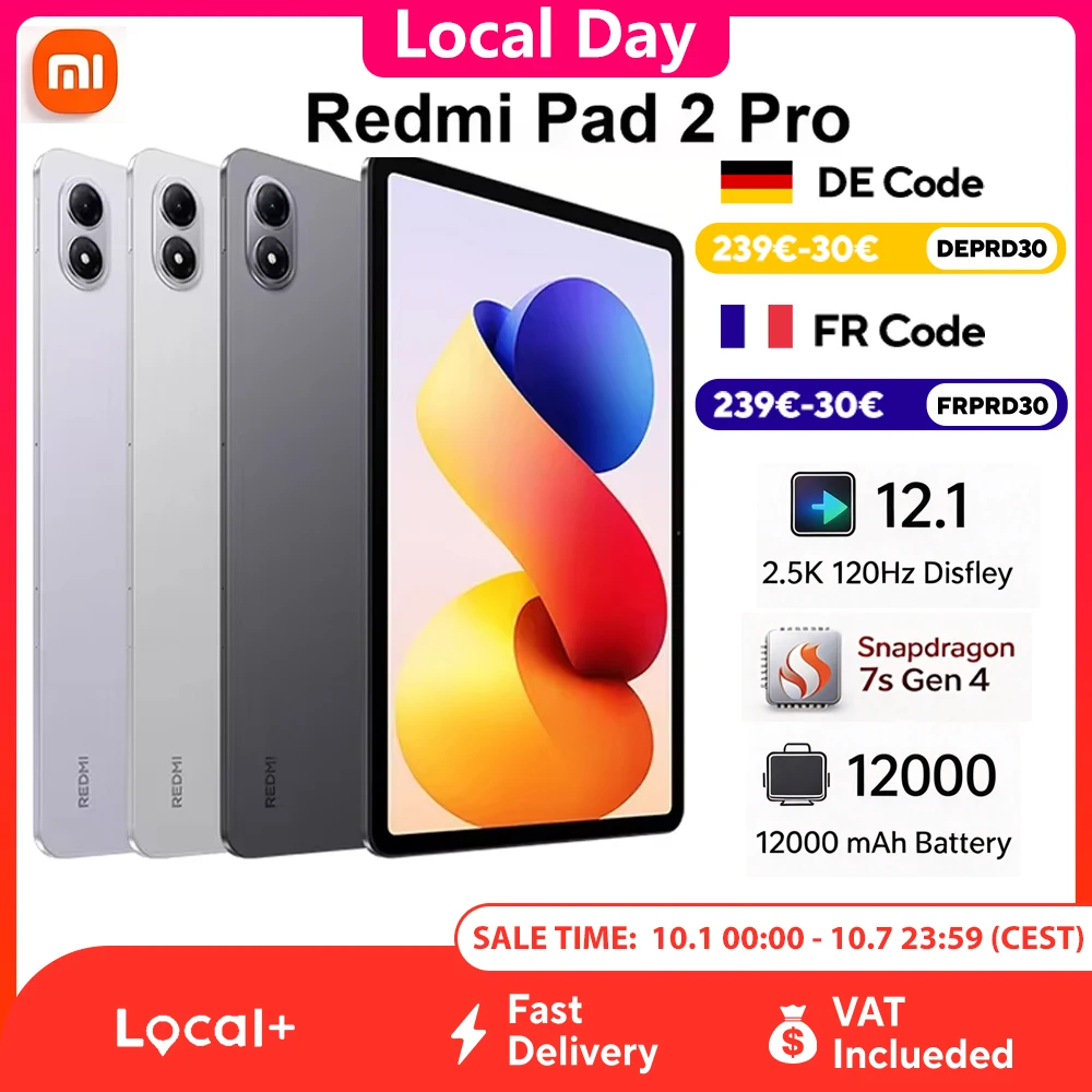 Xiaomi Redmi Pad 2 Pro, 6 GB RAM, 128 GB di archiviazione, Snapdragon® 7s Gen 4, Display 12,1 pollici 2,5K, Frequenza di aggiornamento 120 Hz, Batteria 12000 mAh, Fotocamera 8 MP, Senza caricabatterie