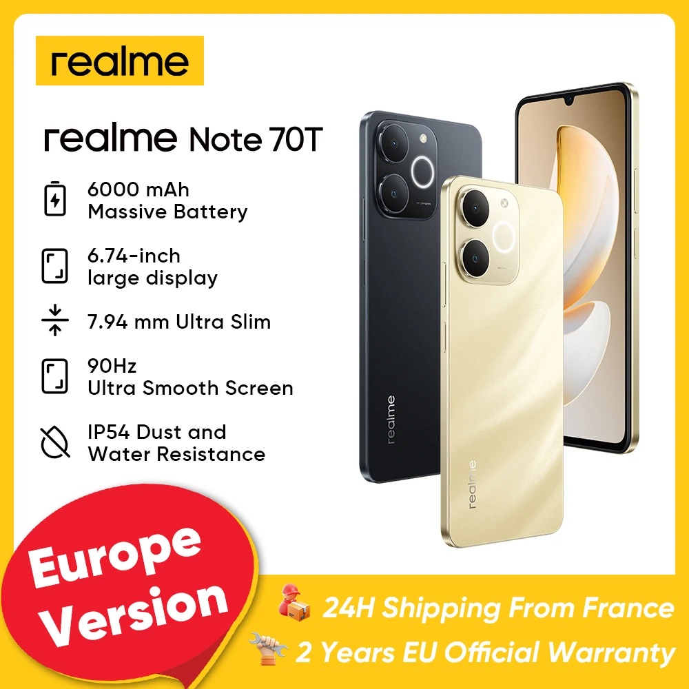 Realme Note 70T 4G Smartphone, Unisoc T7250 octa-core, batterie 6000mAh, écran 90Hz 720x1600Pixels de 6,74 pouces, charge rapide de 15W, caméra 50 MP, téléphone portable Android 15 IP54 Realme Note 70T 4G Smartphone, Unisoc T7250 octa-core, batterie 6000mAh, écran 90Hz 720x1600Pixels de 6,74 pouces, charge rapide de 15W, caméra 50 MP, téléphone portable Android 15 IP54