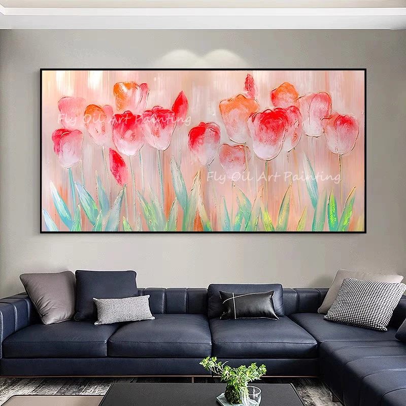 Pink Flower 100% Hand Painted Sweet tulip Beautiful simple artwork picture oil painting no frame wall decoration gift