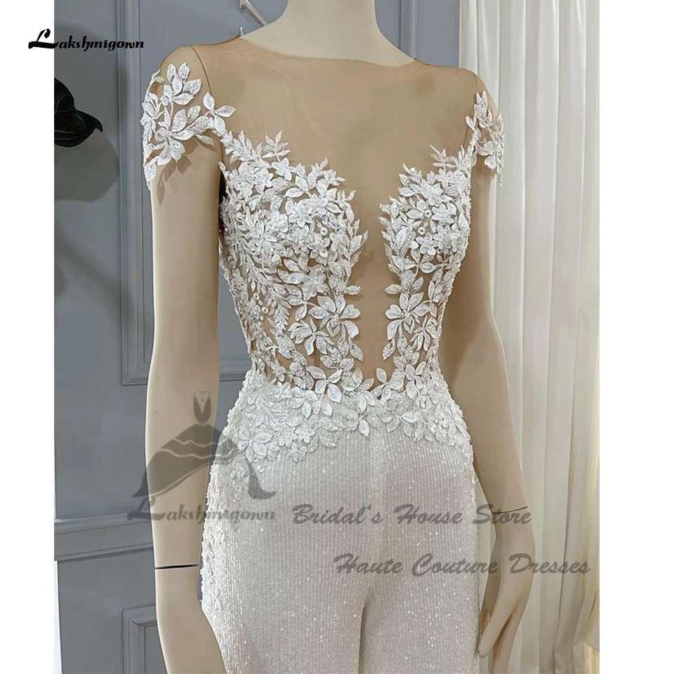 Lakshmigown Luxury Beading Jumpsuit Beach Wedding Dresses Lace Short Sleeves 2024 Vestido Customized Long Boho Bridal Gowns