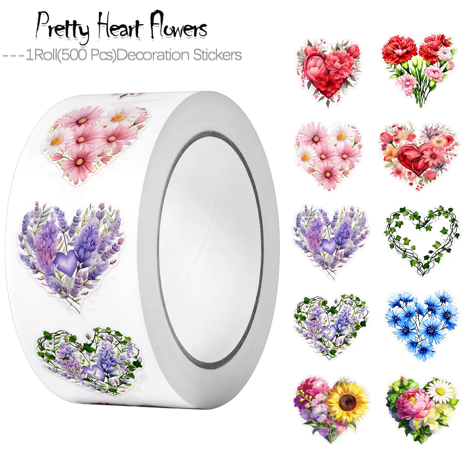 1 Rolle (500 Stück) unregelmäßige Herzblumen Blumenaufkleber 10 Designs Abziehbilder Kunst schmückende Siegeletiketten Geschenkverpackungsversorgung