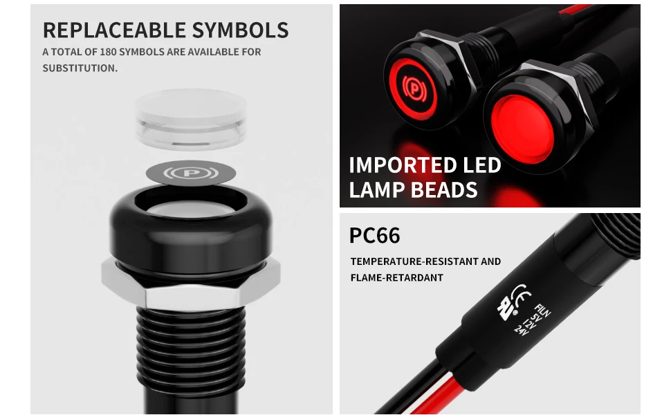 FILN 8mm Symbol-LED-Anzeigeleuchte 12V 24V Schwarze Metall-Anzeigeleuchte mit Kabel für Auto-Armaturenbrett und Maschinen – Detail 7