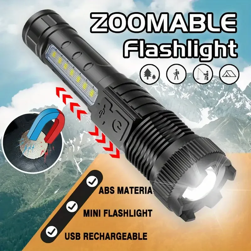 High lumen LED flashlight, portable multifunctional flashlight, powerful adjustable portable lamp, built-in USB charging.