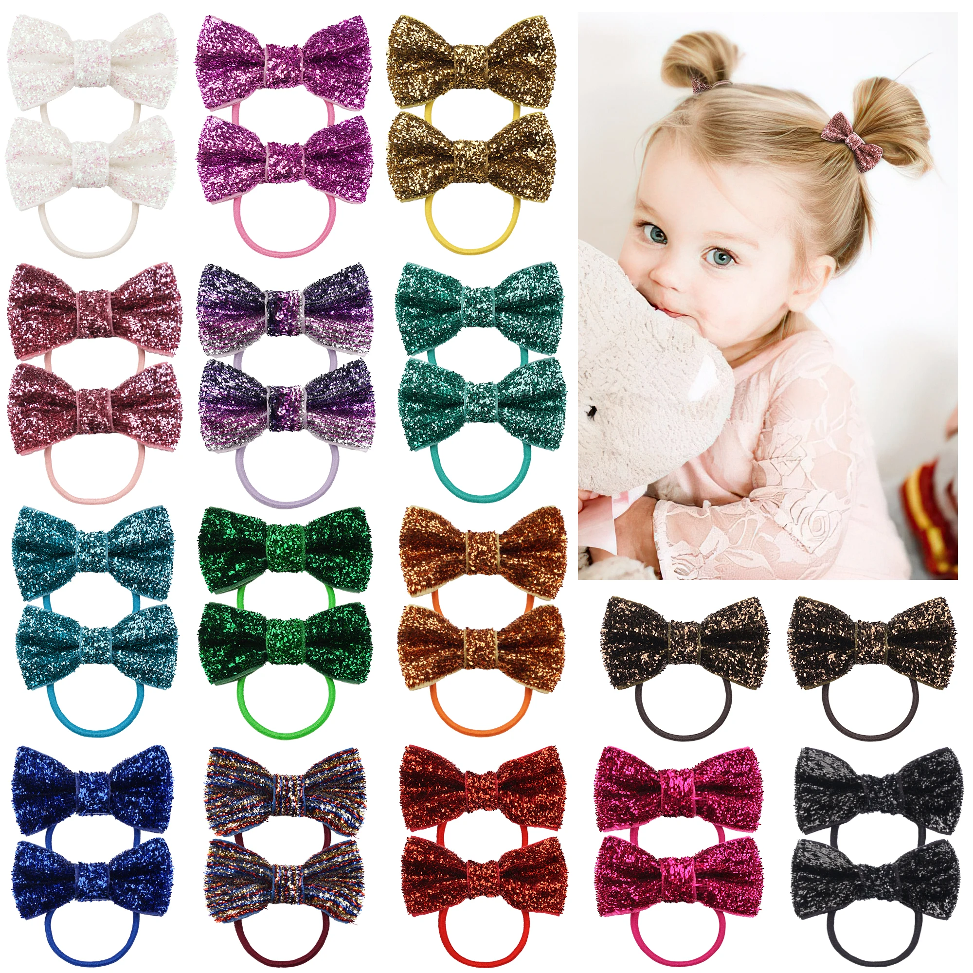 30pcs Baby Girl Hair Ties Glitter Sparkle Hair Bows Rubber Bands Boutique Elastic Hair Rope Ponytail Holder for Kids Toddlers