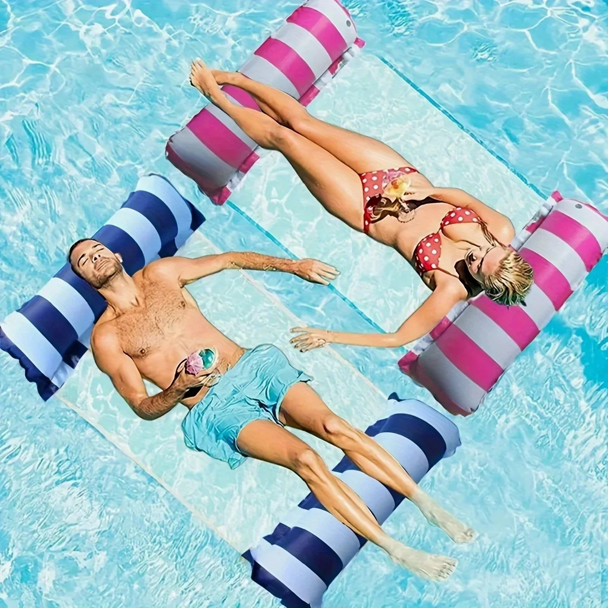 Chaise longue gonflable à rayures pliables, adaptée aux fêtes de piscine et aux loisirs de plage, lits flottants avec dossier en filet