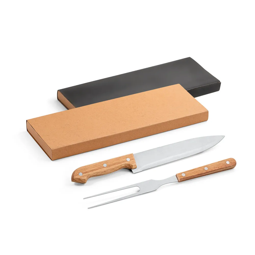 Barbecue kit Composed of 2 utensils in stainless steel and bamboo chef knife and fork.