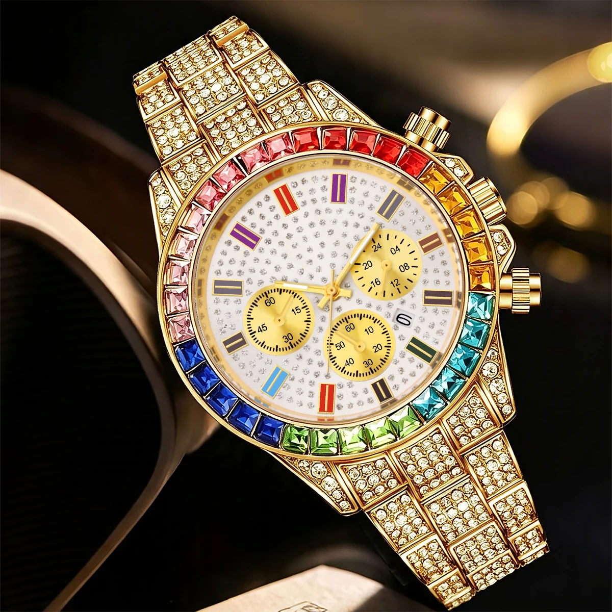 Fashionable Hip-Hop Business Men's Quartz Watch, Luxurious Cuban Chain Strap Set, Rhinestone Men's Gift Wristwatch