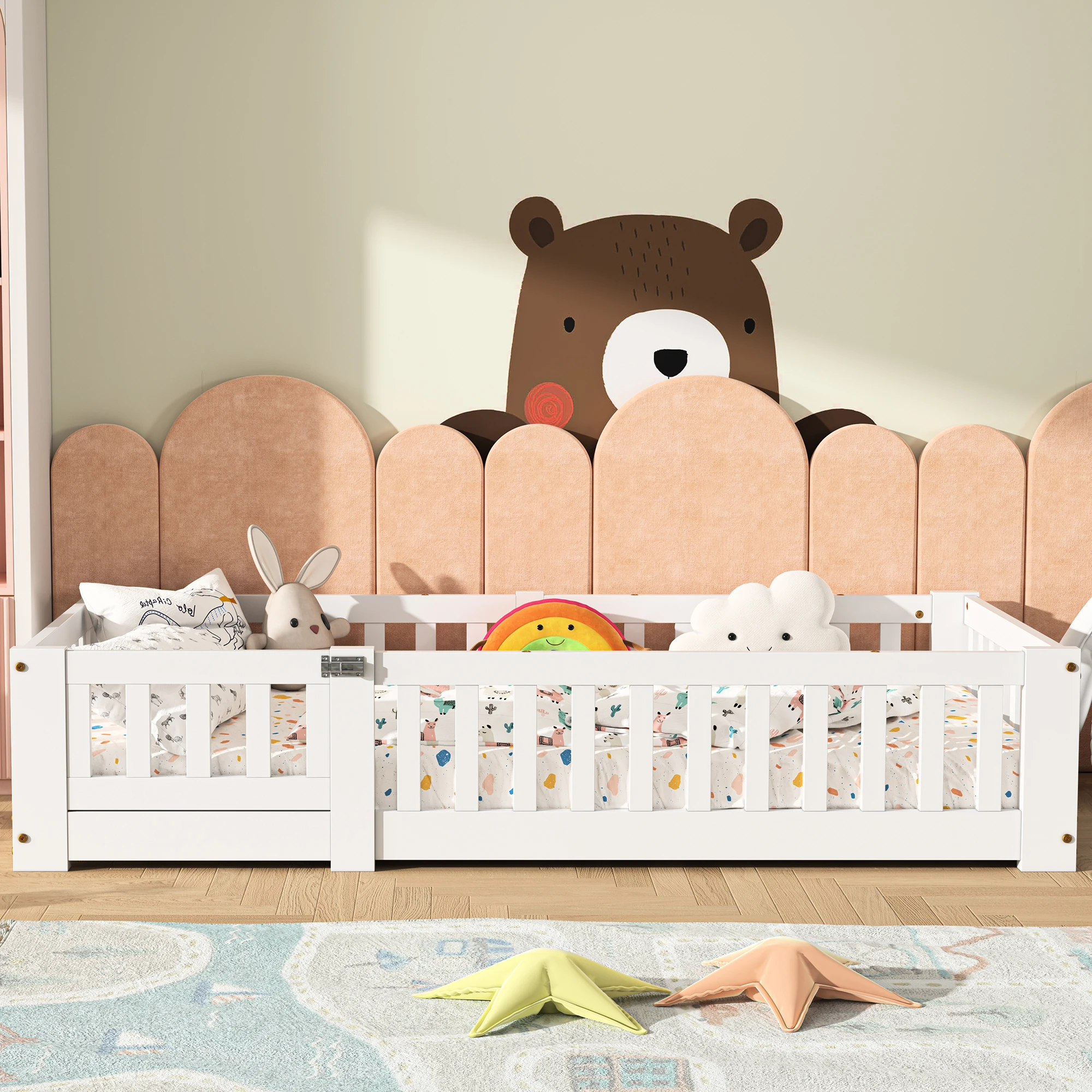 Anajqaqia Cama Infantil de 80x160cm/90x190cm/120x200cm con Barandilla de Protección Anticaídas, Estructura de Cama Individual, Estructura de Cama Baja