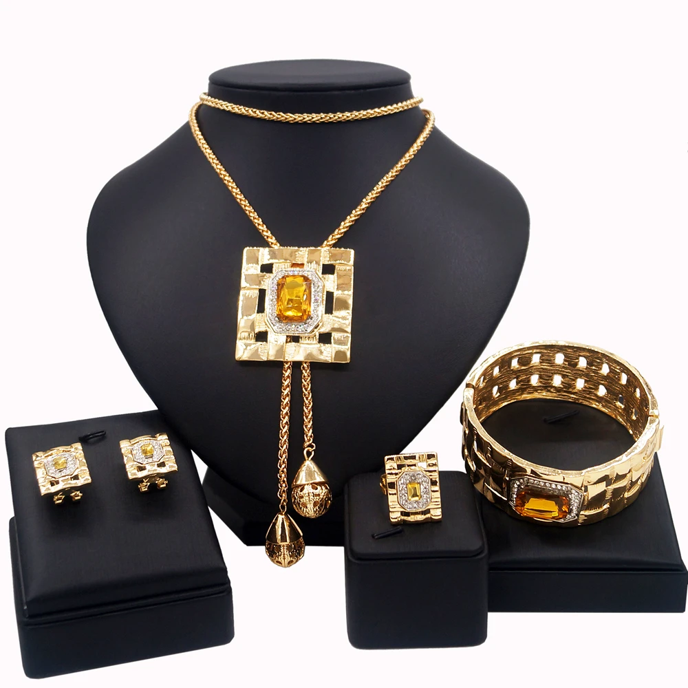 Jewelry Sets For Women Artificial Gemstone African Fashion Bijoux Long Necklace Luxury Dubai Jewelry 18K Gold Plated  Bracelet