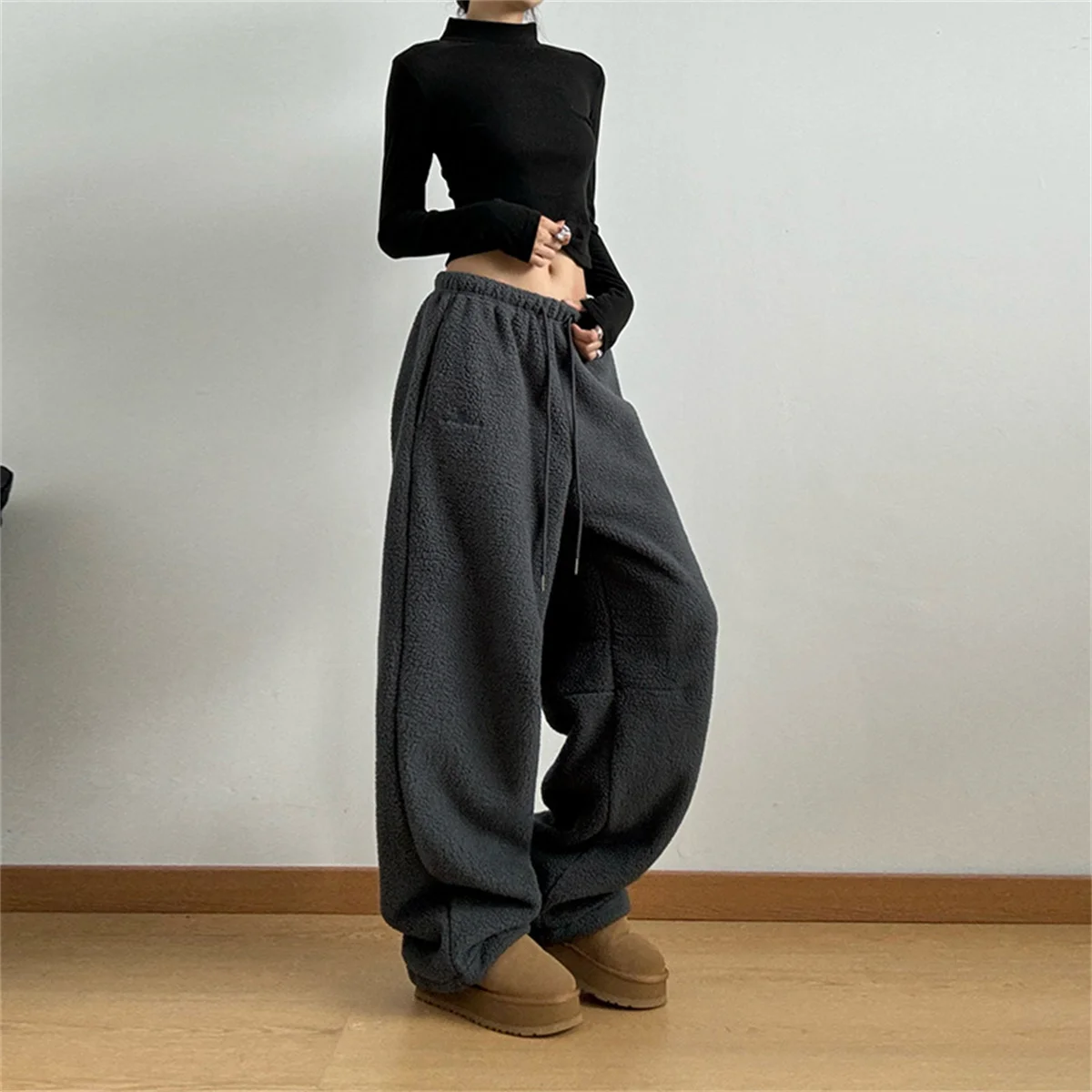 فضفاض الدفء القطبية الصوف السراويل عارضة الشتاء سميكة كل مباراة السراويل الرياضية Y2K الشارع الشهير واسعة الساق Sweatpants الكورية الشارع الشهير