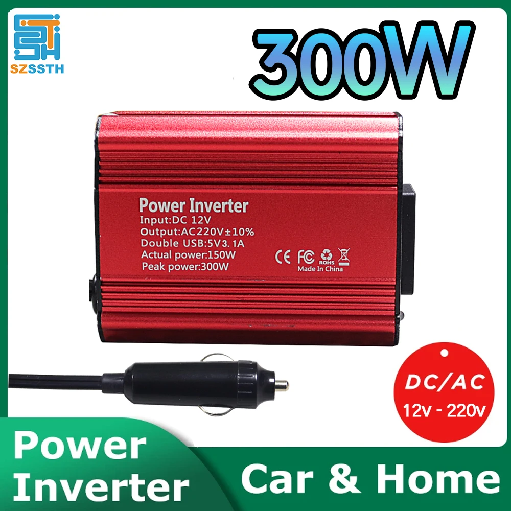 Vehicle Mounted Inverter Inverter Black EU 12v to 220V 300W Peak Multifunctional Power Converter USB Fast Charging for Emergency