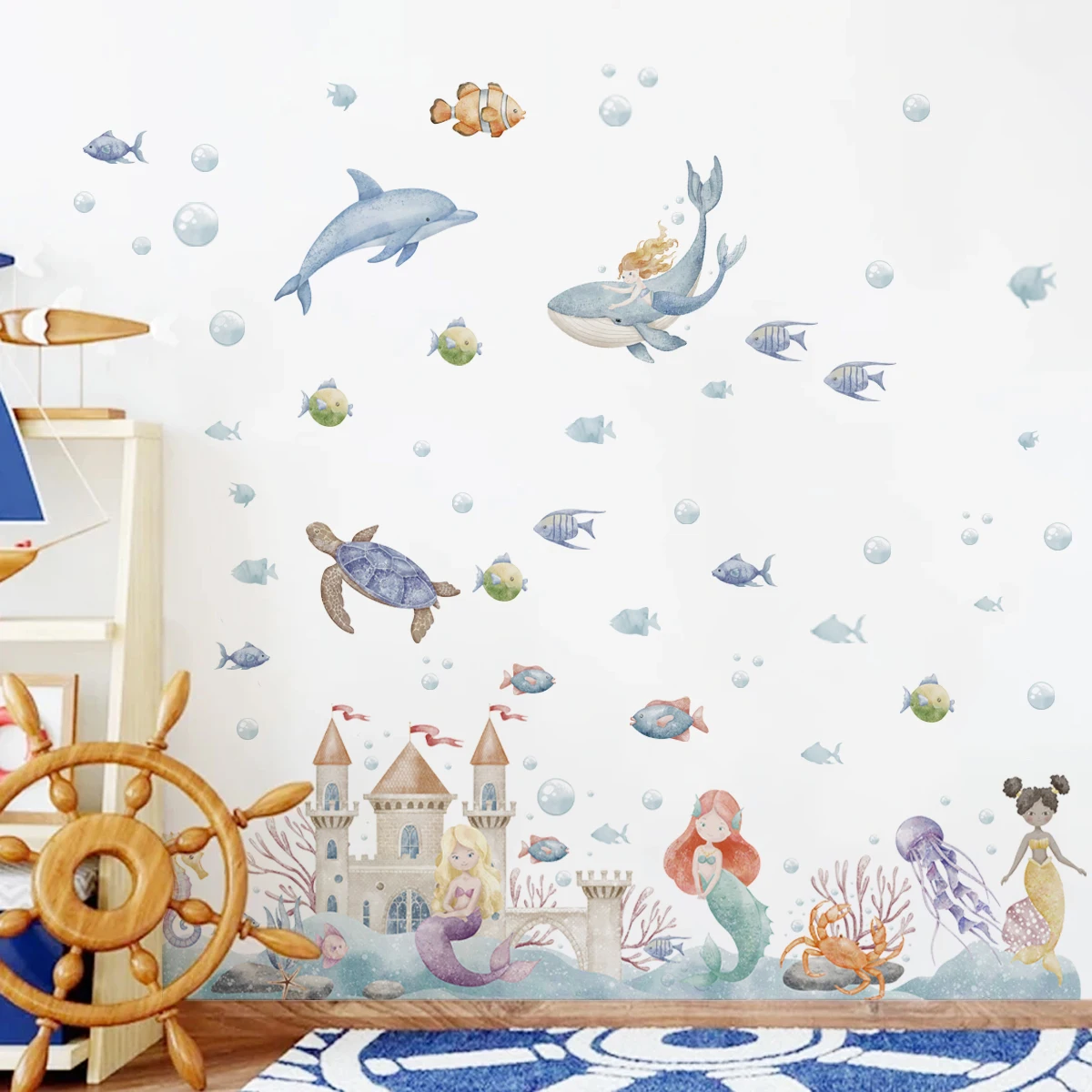 

Cartoon Castle Mermaid Coral Reef Ocean Whale Octopus Wall Stickers Underwater Sea Child Baby Room bathroom Living Room Decor