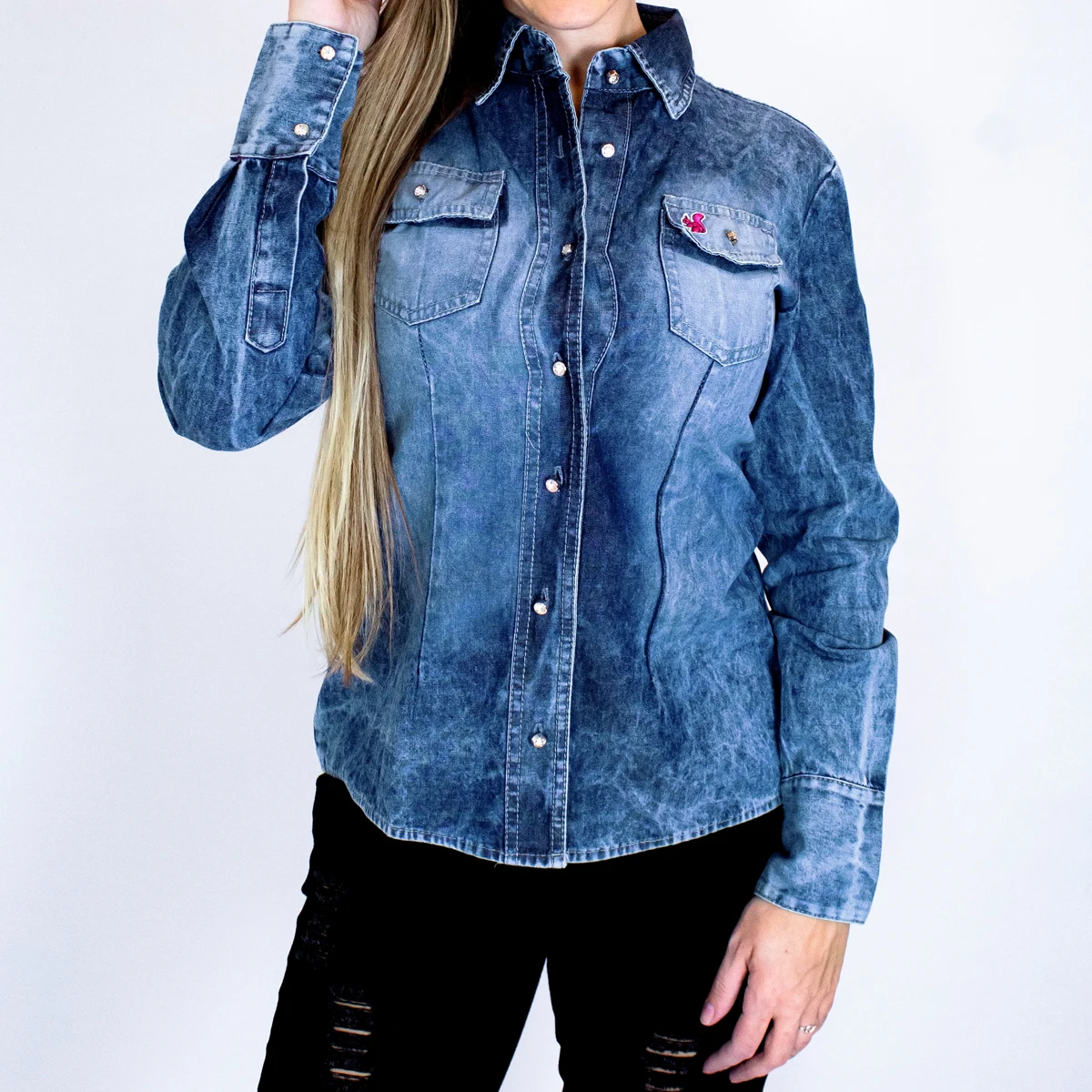 Dark Jeans Buttons Long Sleeve Faded Shirt/Women's Clothing/Shirts And Blouses/Luxury Jeans-Brazil Fast Shipping