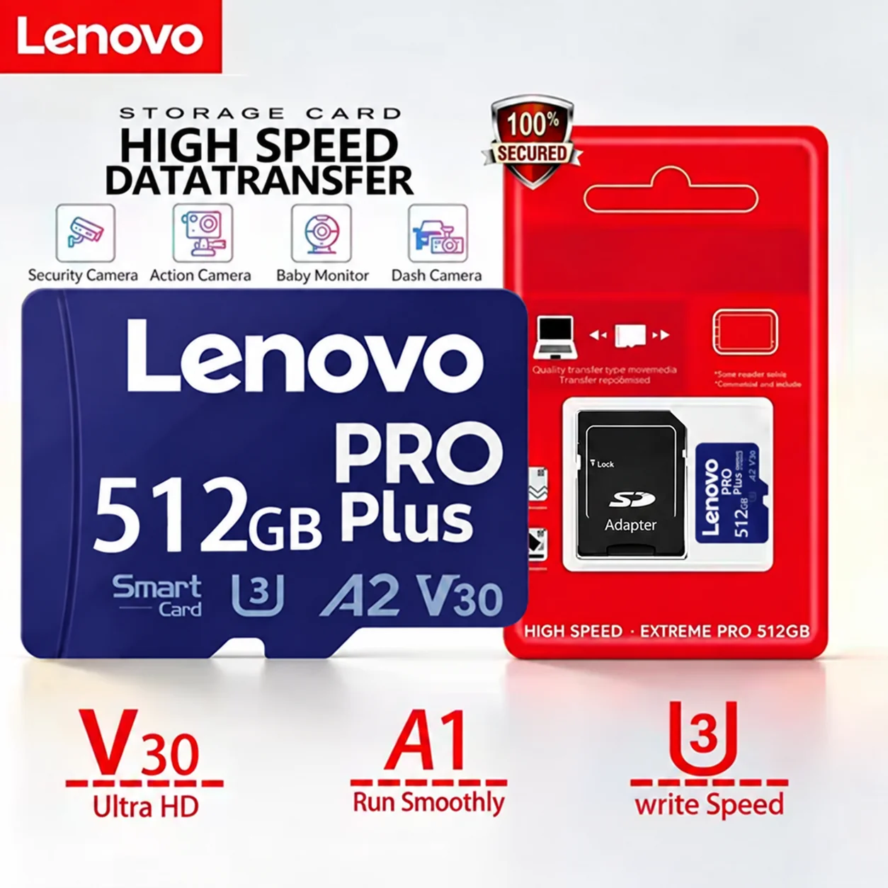 بطاقة ذاكرة لينوفو EVO/PRO Plus سعة 64 جيجابايت A1، بطاقة Micro SD سعة 128 جيجابايت، 256 جيجابايت، 1 تيرابايت U3 A2 V30، مخصصة لمسجلات القيادة والكاميرات والمراقبة، بطاقة TF