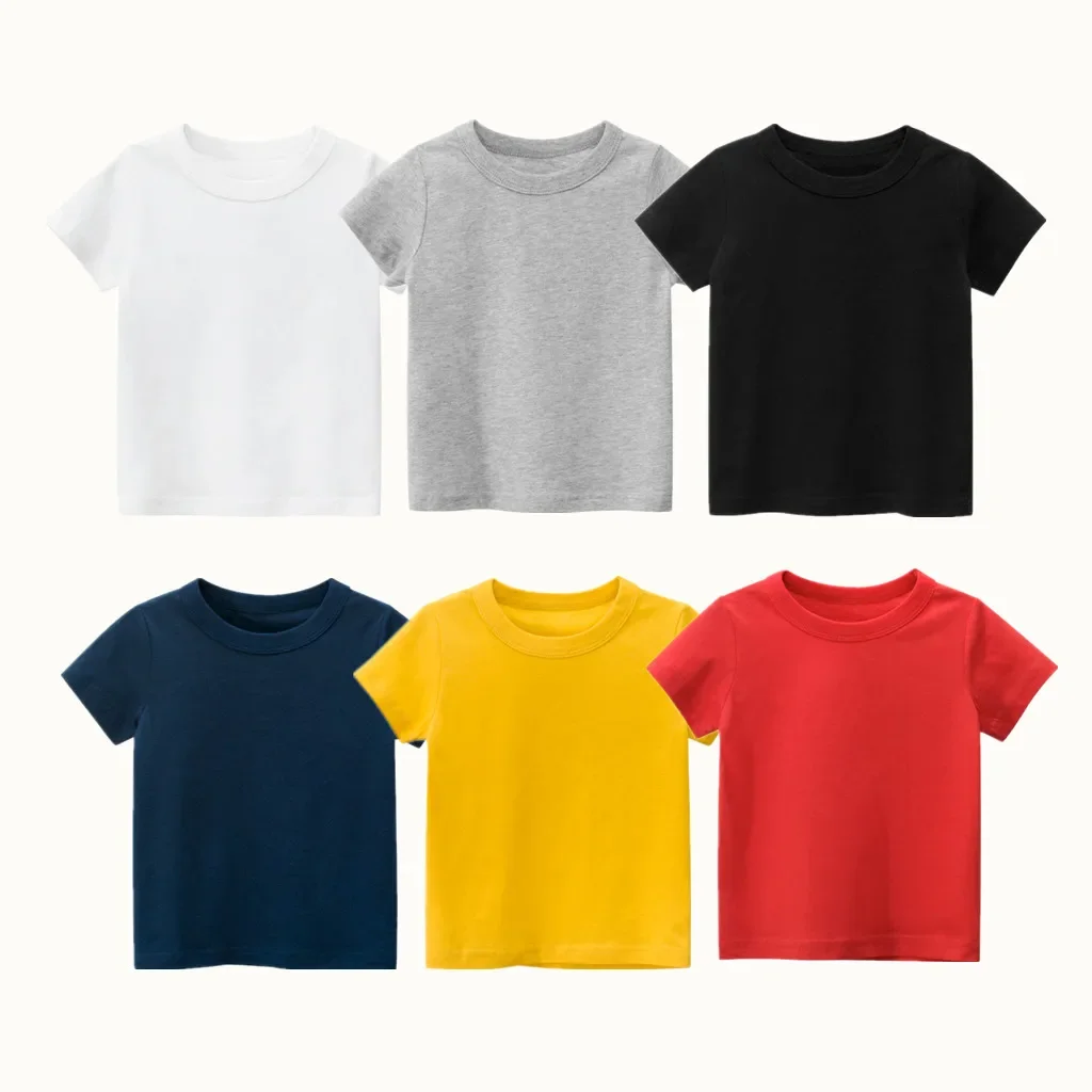 T-Shirts d'été solides pour filles et garçons, vêtements à manches courtes en pur coton, jaune, rouge, vert, sous-vêtements pour enfants, 2024