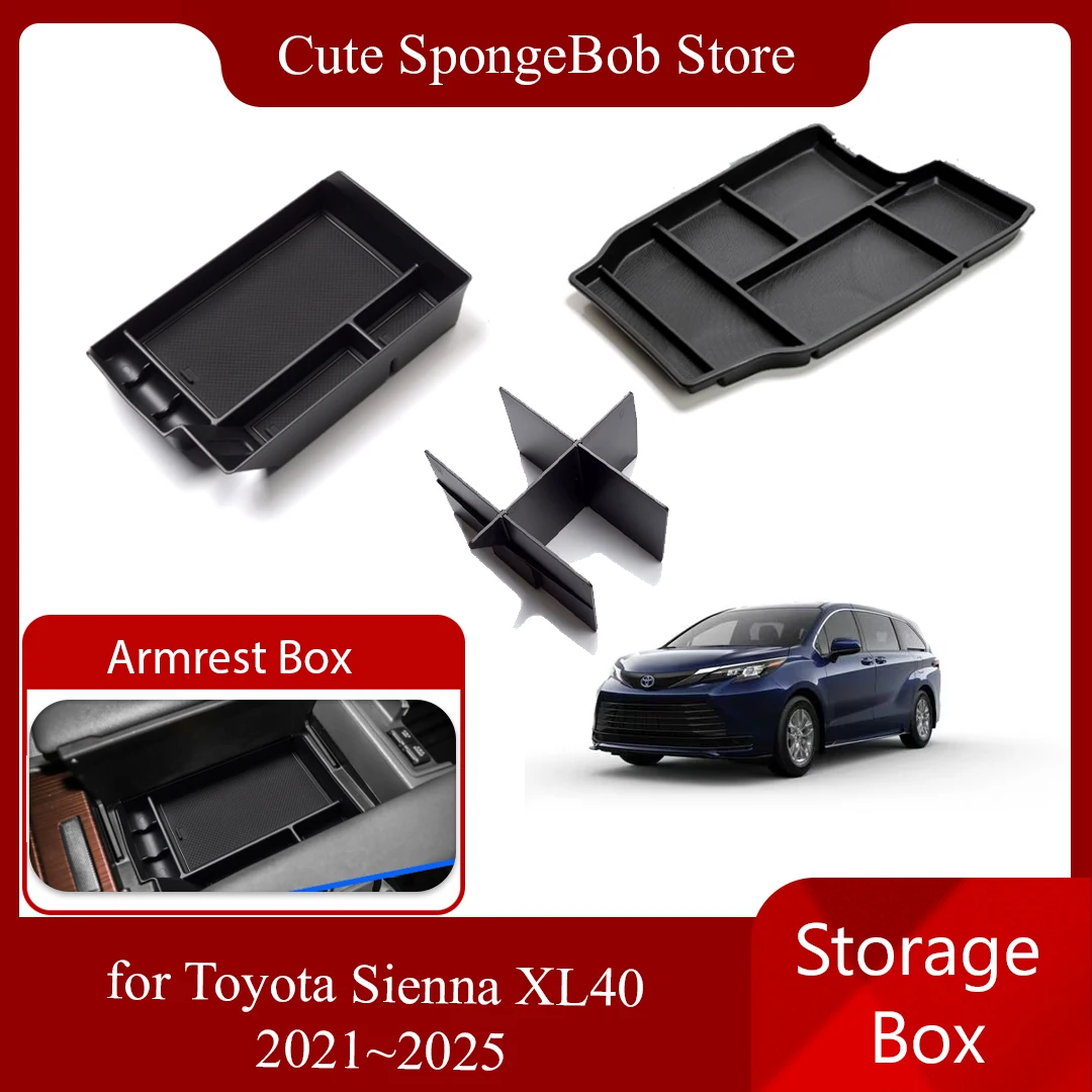 Car Storage Box for Toyota Sienna XL40 2021~2025 2022 2023 Armrest Rubber Mat Central Console Sundries Organizer Tray Accessorie