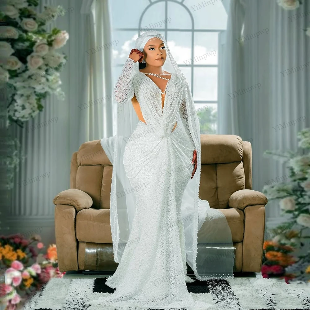 Aso Ebi فستان زفاف دانتيل 2025 فاخر كم طويل لؤلؤ رقبة دائرية مزين بحورية البحر من خلال فساتين العروس سويب تراين مخصص #4